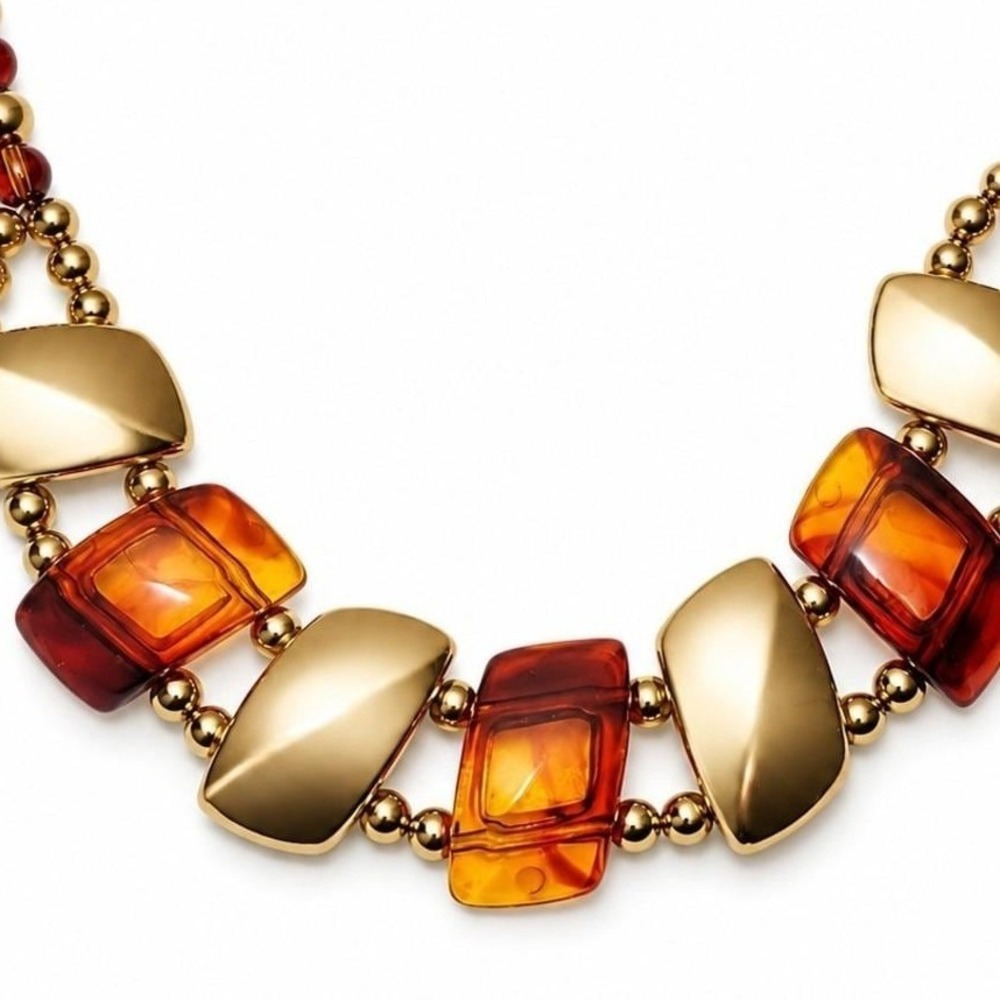 Amber Tortoise Plastic Statement Necklace Gold Tone Beads Barrel Clasp 19"